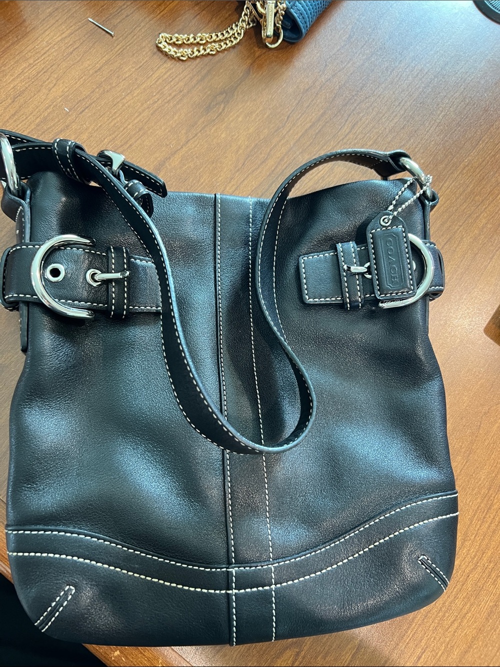 Coach Black Leather Shoulder Bag with White Contrast Stitching